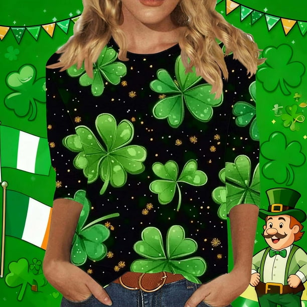 RKSTN 3/4 Length Sleeve Womens Tops Oversized Crewneck St Patricks Day Lucky Shamrocks Graphic Print T Shirt Womens Casual Plus Size Round Neck Loose Irish Festivities Three Quarter Sleeve Shirt