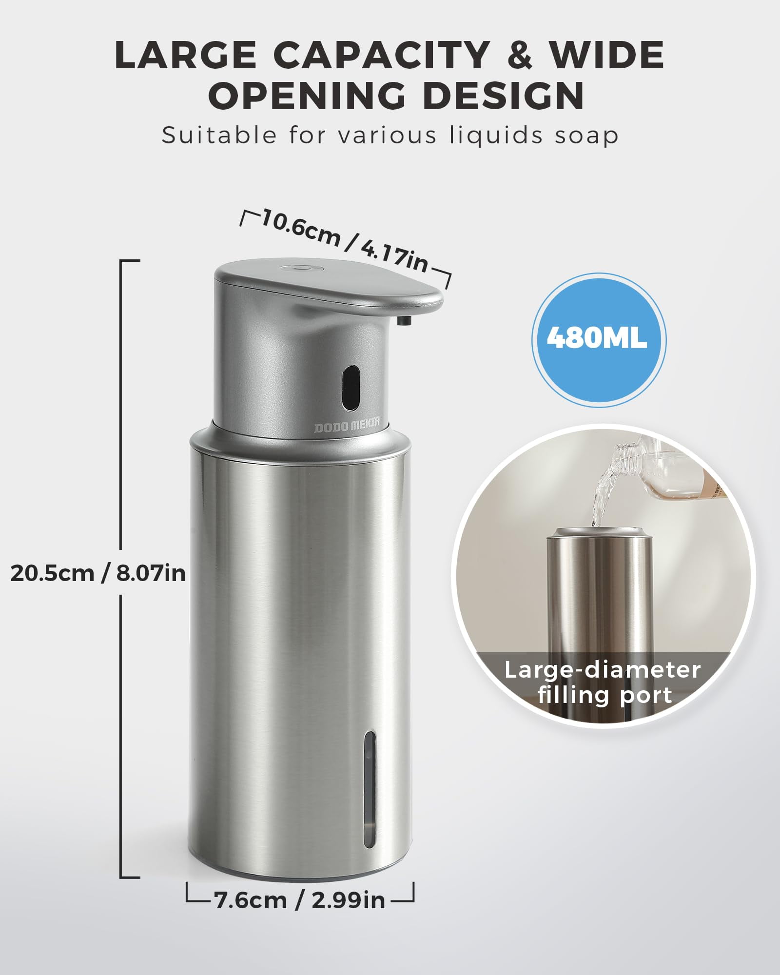DODO MEKIA Automatic Liquid Soap Dispenser Touchless, 16.2oz/480ml Rechargeable, 3 Adjustable Liquid Levels, IPX5 Waterproof, for Kitchen Bathroom, Stainless Steel