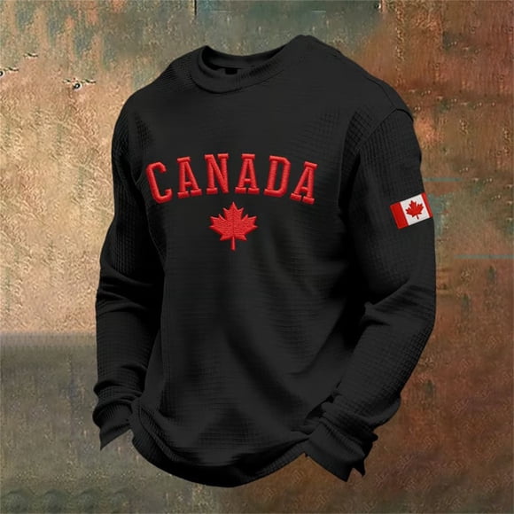 Men’s Long Sleeve Knit T Shirt Featuring Canadian Flag Graphic for Everyday Casual Wear in Fall Winter