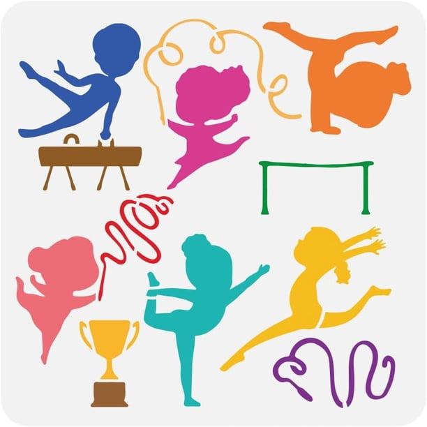 Plantilla de gimnasia para pintar, 11,8 x 11,8 pulgadas, plantilla decorativa para barras paralelas, plantilla hueca para ejercicios con cuerda de trofeo, plantilla grande con temática deportiva