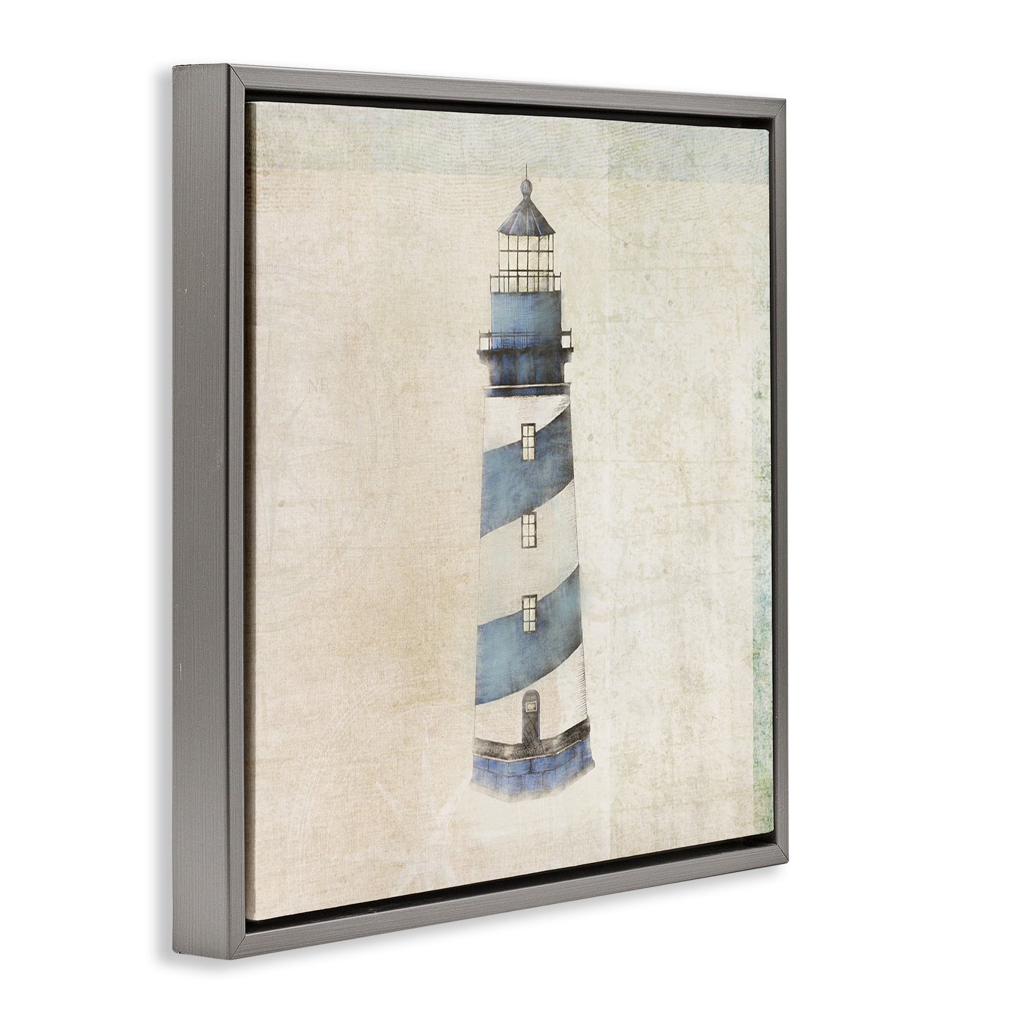 Stupell Industries Rustic Maritime Lighthouse Nautical & Beach Painting Gray Floater Framed Canvas Art Print Wall Art, 25 x 25