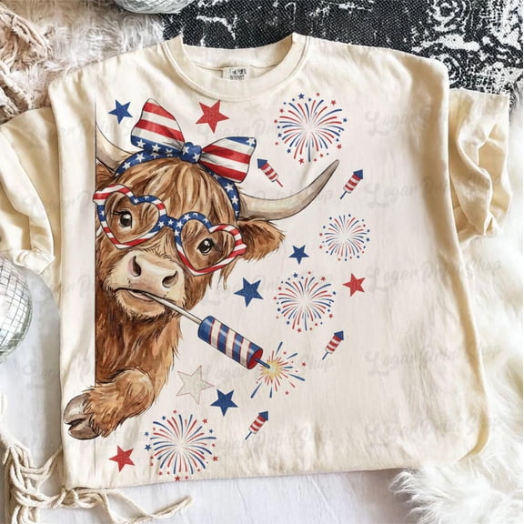 4th Of July Highland Cow Tee Western American Flag Graphic Shirt, Patriotic 250th Anniversary Outfit, Unisex Cotton T-Shirt, Size S-3XL