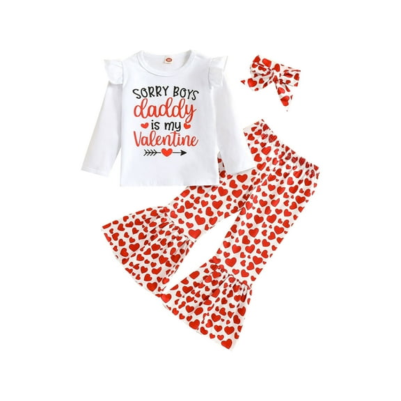 FOCUSNORM Toddler Baby Girl Valentine's Day Outfit Long Sleeve Letter T-Shirt Top Heart Bell Bottom Pants Headband 3Pcs Set