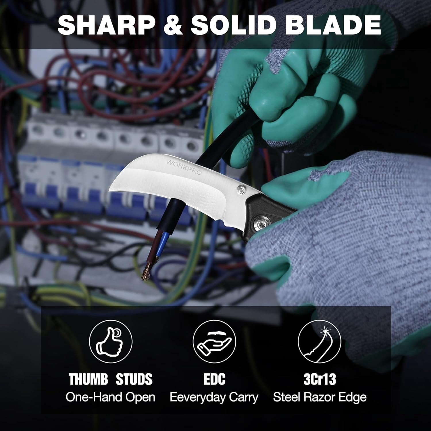 Pocket Knife, Hawkbill Folding Utility Knife with Lanyard Hole and Belt Clip, Electrician Knife for Cable inning and Carpet, Linoleum, Cardboard, Rope, Wire Cutting
