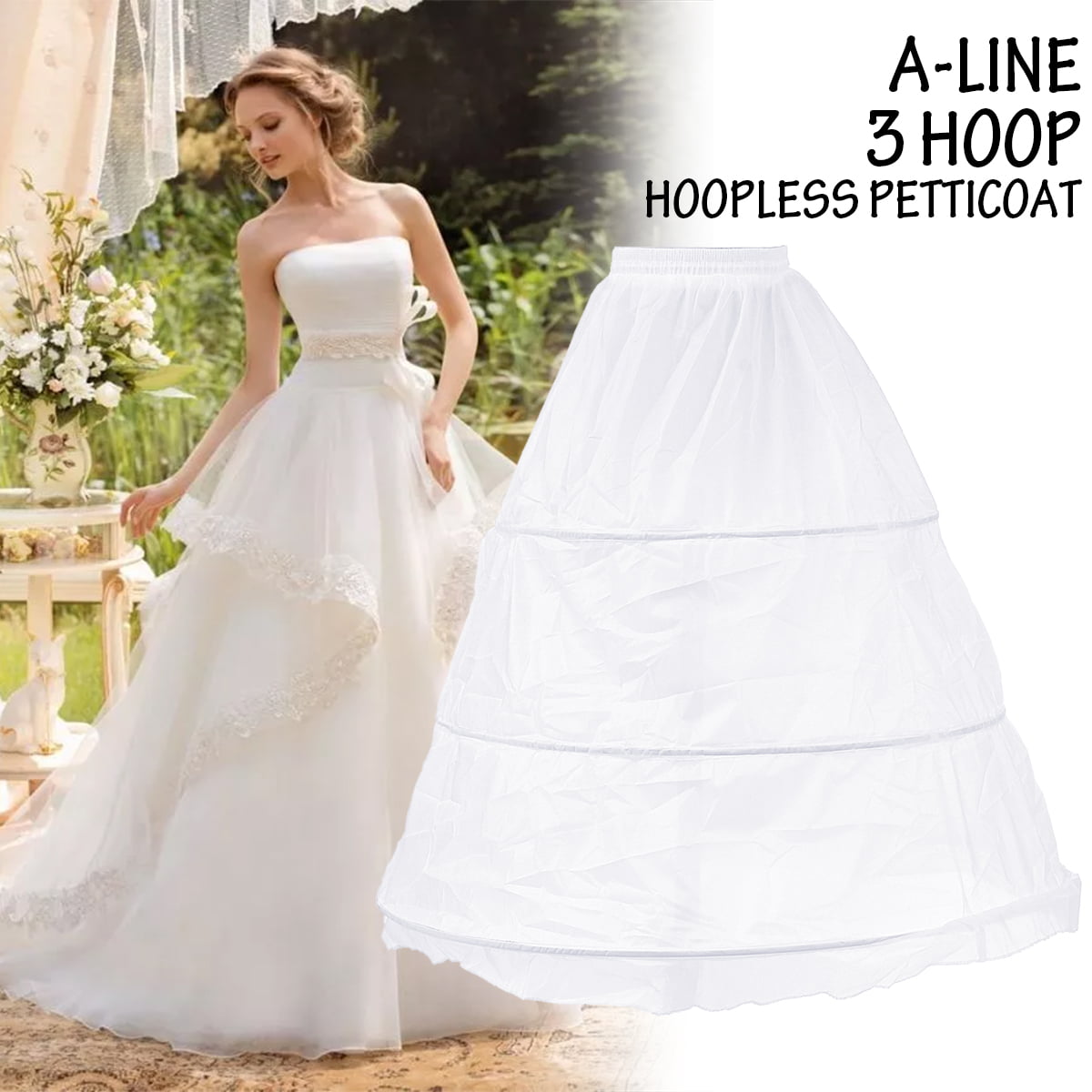 3 Layers Bridal Petticoat Hoopless Skirt Crinoline Slip Wedding Lace Edge Dress 