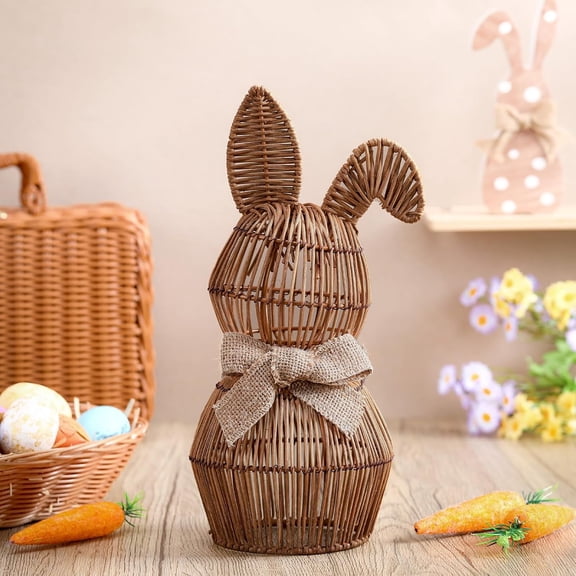 Rattan Bunny with Bow Easter Decor 12" Table Rabbit Easter Decorations Spring Summer Bunnies Decoration Statue Figurine Rattan Bunny Decor for Home Farmhouse Table Kitchen