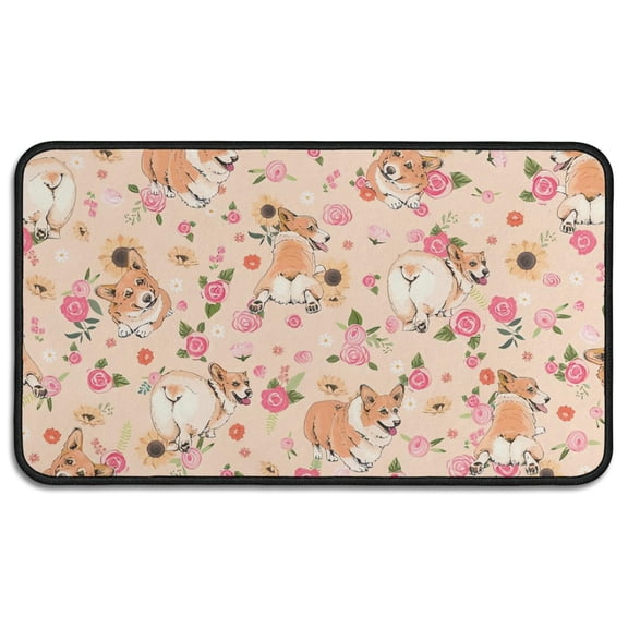 Corgi Dog and Flower Florals Door Rugs,Washable Non Slip Door Mats Indoor,Decorative Door Mats,Entry Mat Indoor for Entrance,Bedroom,Kitchen,Bathroom,30"x17"