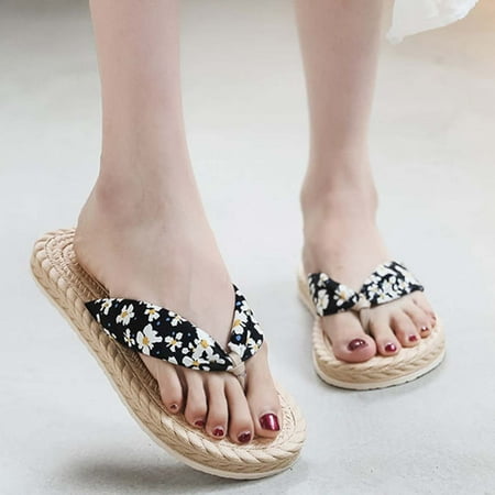 

HOMBOM Female Women Shoes Summer Floral Flip Flops Beach Sandals Thongs Slippers Sandals Imitation Hemp Rope Travel Flip-flops Flat-bottom