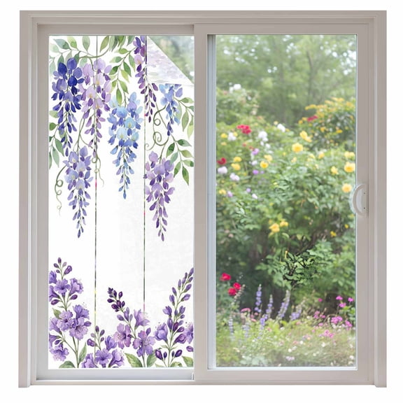Purple Weeping Flowers Window Privacy Film, Spring Floral Elegant Pastoral Static Cling UV Sun Blocking Heat Control Window Tint Day and Night, Non-Adhesive One Way Privacy Cover 35.4''x78.7''