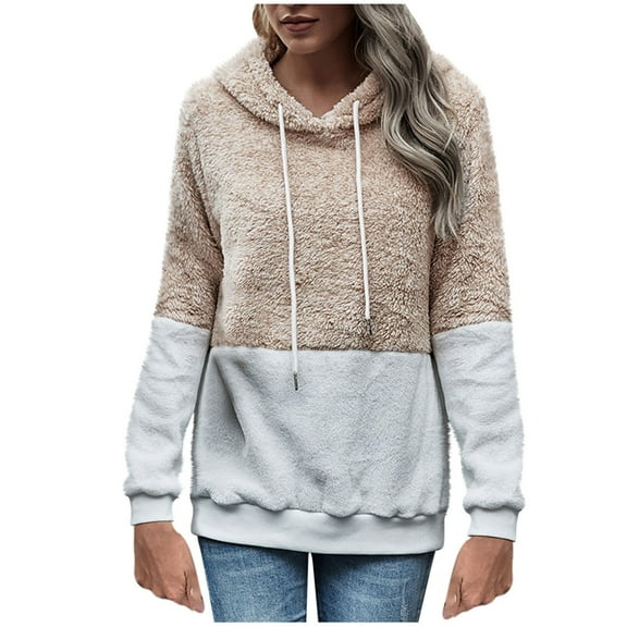 Fesfesfes Women Flannel Shirt Fashion Long Sleeve Color Blocking Casual Tops Double Faced Velvet Sweatershirt Hoodies