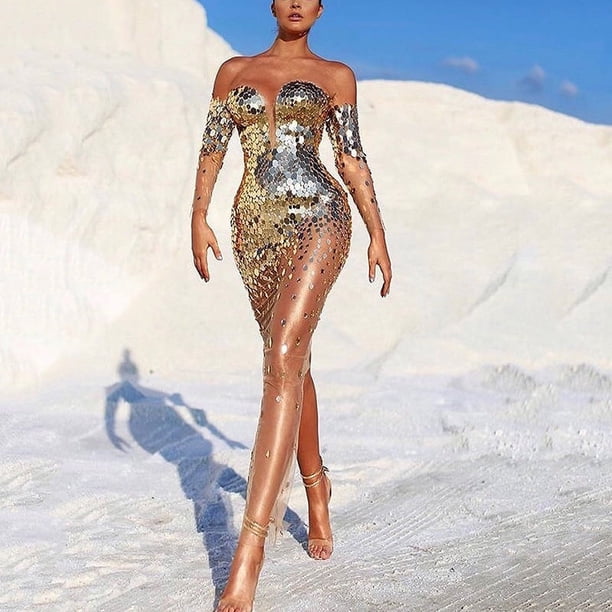 Vestido de verano para mujer, con lentejuelas y hombros descubiertos, sexy, de malla, con perspectiva, vestido de noche largo