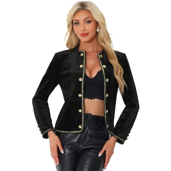 MODA NOVA Velvet Jacket for Junior's Elegant Collarless Cropped Work Open Front Blazer Black XS