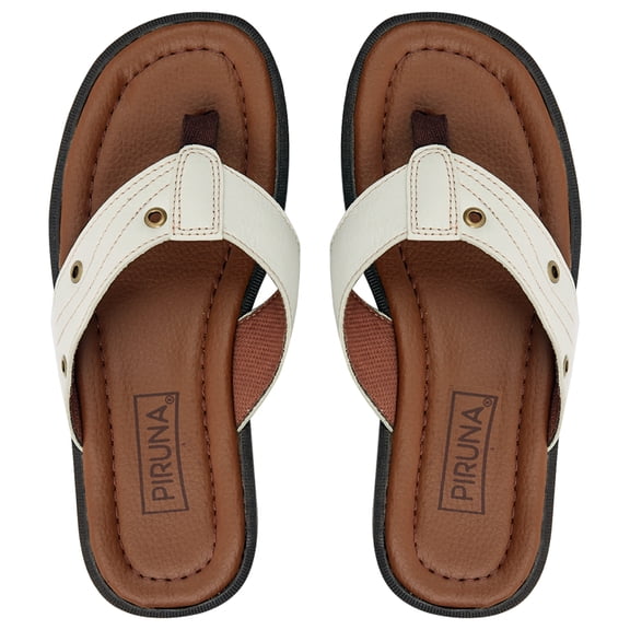 Piruna Women's Leather Thong Slide Sandals with Metal Eyelet Detail, Cushioned Footbed, Off White