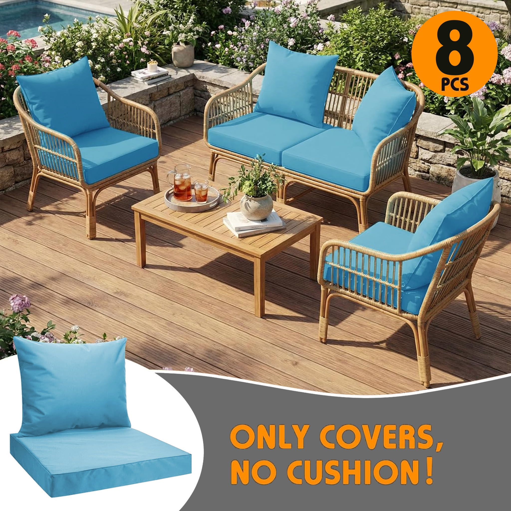 All Smiles Patio Furniture Replacement Chair Cushion Covers Set of 4 for Waterproof Resistant Covers for Seat Yard Garden Deck，24 x 20 Inch, 24 x 24 x 4 Inch，SkyBlue