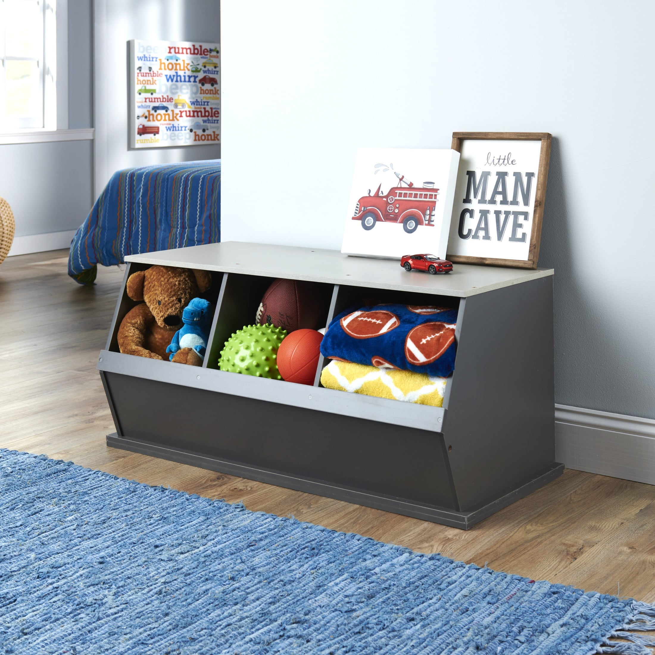 Badger Basket Children's Stackable Wooden 3-Bin 33 gal Toy Storage Cube, Charcoal & Gray