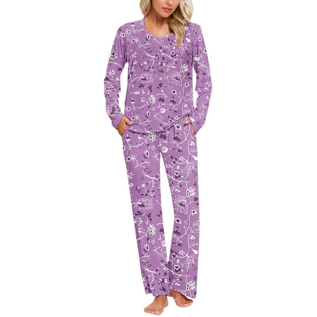 Tnhcen Ensemble de Pyjama pour Femmes en Coton Manches Longues Pjs Deux Pièces avec Poches