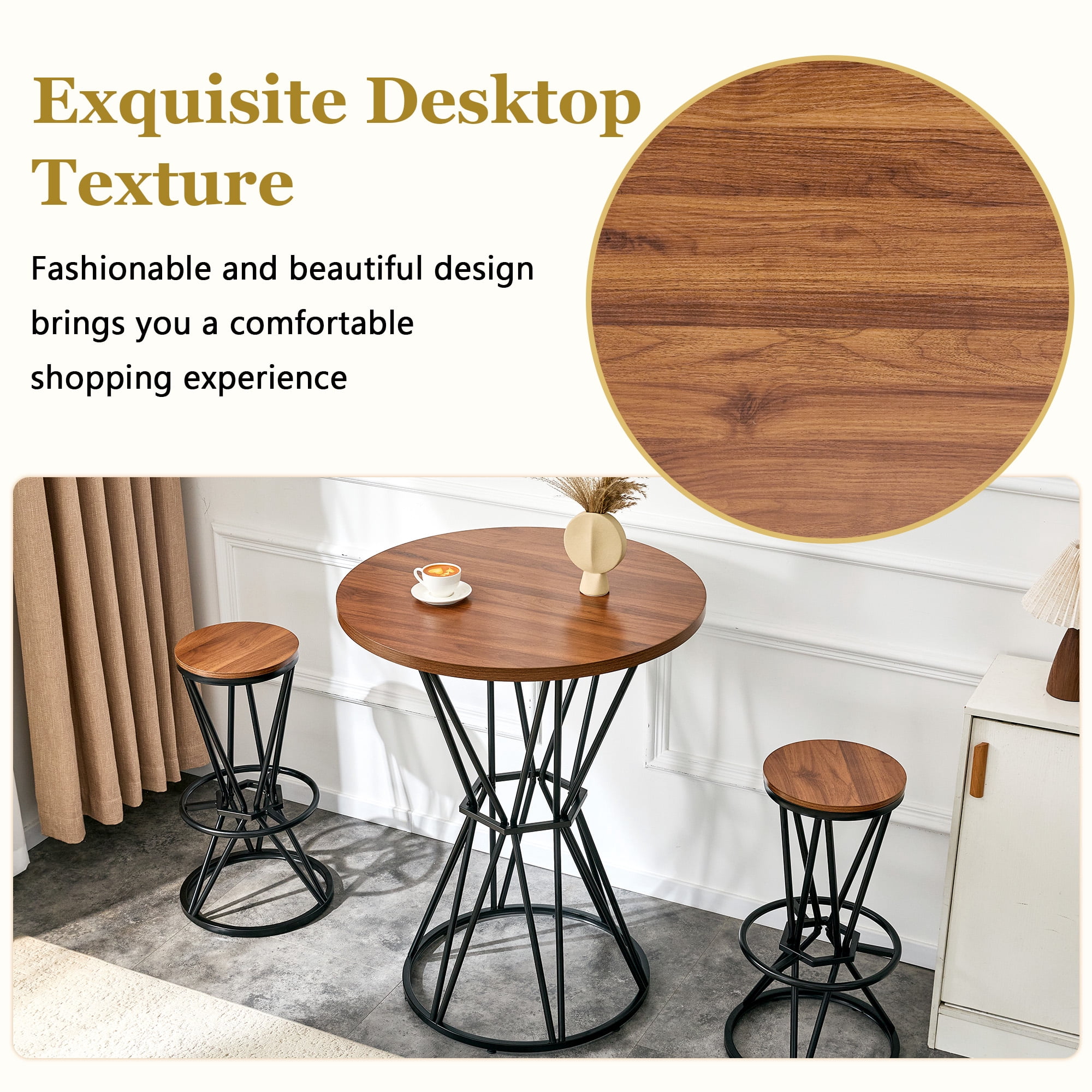 3-Piece Bar Table and Chair Set, 31.5-Inch Walnut MDF Bar Table with Black Metal Frame and 2 Bar Stools, Industrial Pub Dining Table Set for Kitchen Island Dining Space, Walnut Black