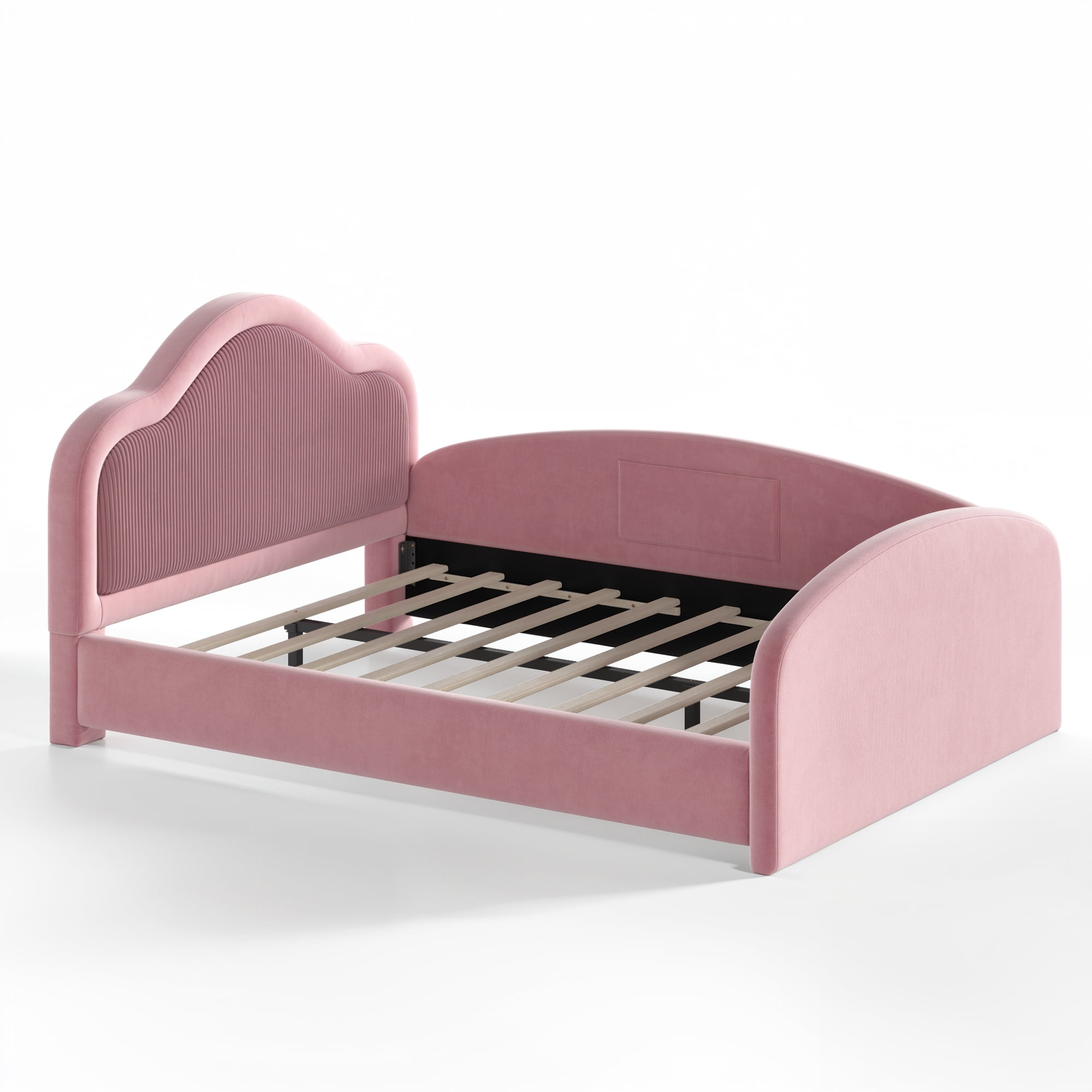HOQBN Full Size Curved Headboard Upholstered Floor Bed, Upholstered Kids Bed Frame with Safety Side Rails and Storage Pocket, Low Floor Playhouse Bed for Kids Bedroom,Pink