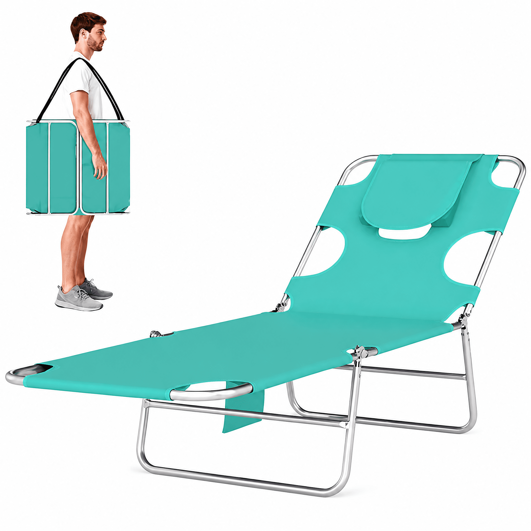 Outdoor Folding Lounge Chair 5-Position Adjustable Backrest Face Cavity & Arm Slots Sun Lounger with Side Pocket Carry Strap Breathable Oxford Fabric for Beach Pool Patio