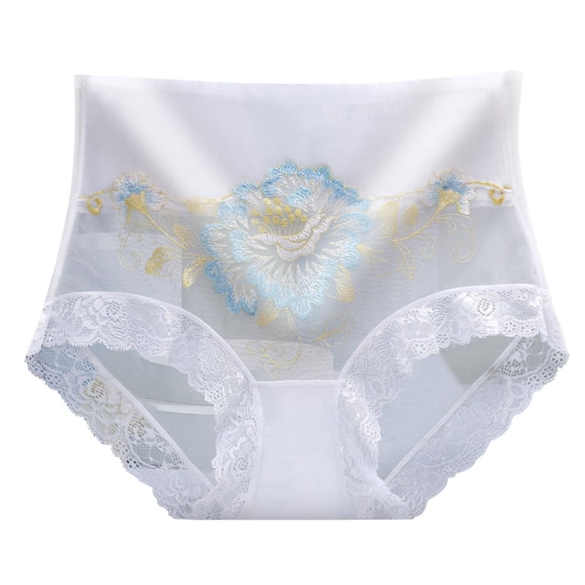 Gibobby Panty Microfibra con Encaje Ropa interior elástica cintura para mujer, bragas suaves altas, bragas sexis encaje flores para mujer, Bikini bordado, bragas para mujer(Blanco, L)