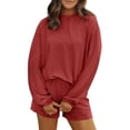 thumbnail image 2 of 2 Piece Ribbed Knit Loungewear Set Women's Long Sleeve Crew Neck Tops Elastic Waisted Shorts, Loose Comfortable Outfits Red S, 2 of 7