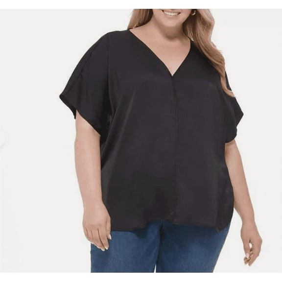 DKNY Jeans Ladies' Short Sleeve V-Neck Top (Black, 3X)