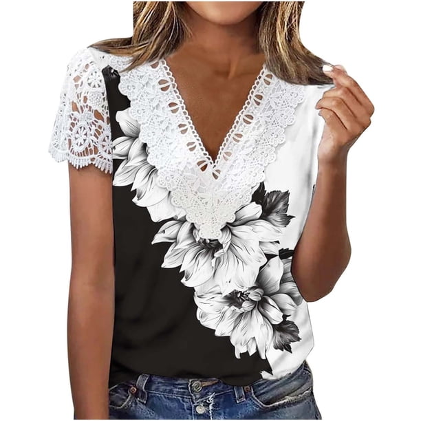 Tops de Manga Corta con Cuello en V para las Mujeres Blusa Frontal con Botón de Impresión Plegable, Tops de Verano de Moda para Mujeres Cuello en V con Manga Corta Fiesta Casual