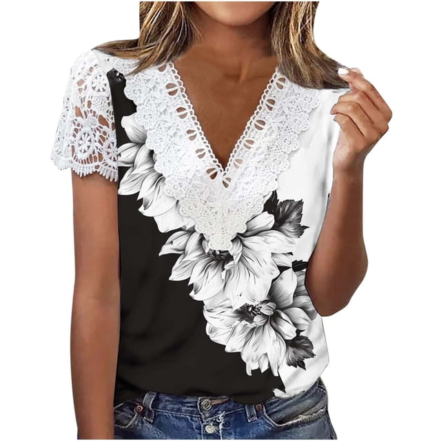 Tops de Manga Corta con Cuello en V para las Mujeres Blusa Frontal con Botón de Impresión Plegable, Tops de Verano de Moda para Mujeres Cuello en V con Manga Corta Fiesta Casual
