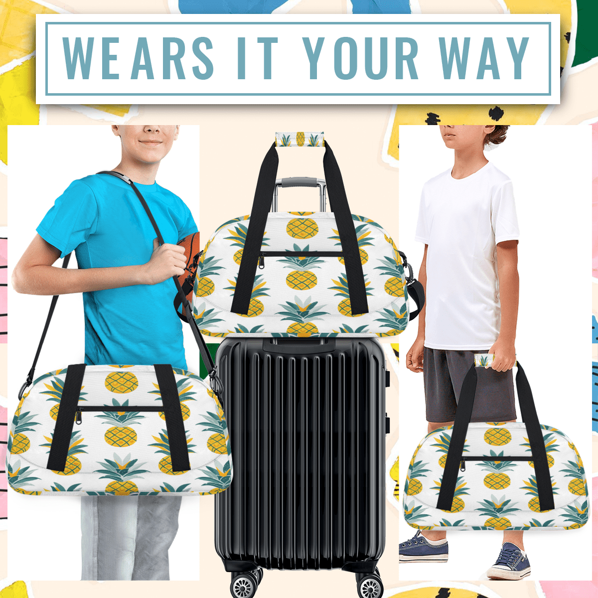 Herdesigns Tropical Pineapple Sports Duffle Bag for Women & Men, Hawaiian Pineapple Gym Bag Dance Bag Overnight Bag Carry On Weekender Travel Bag