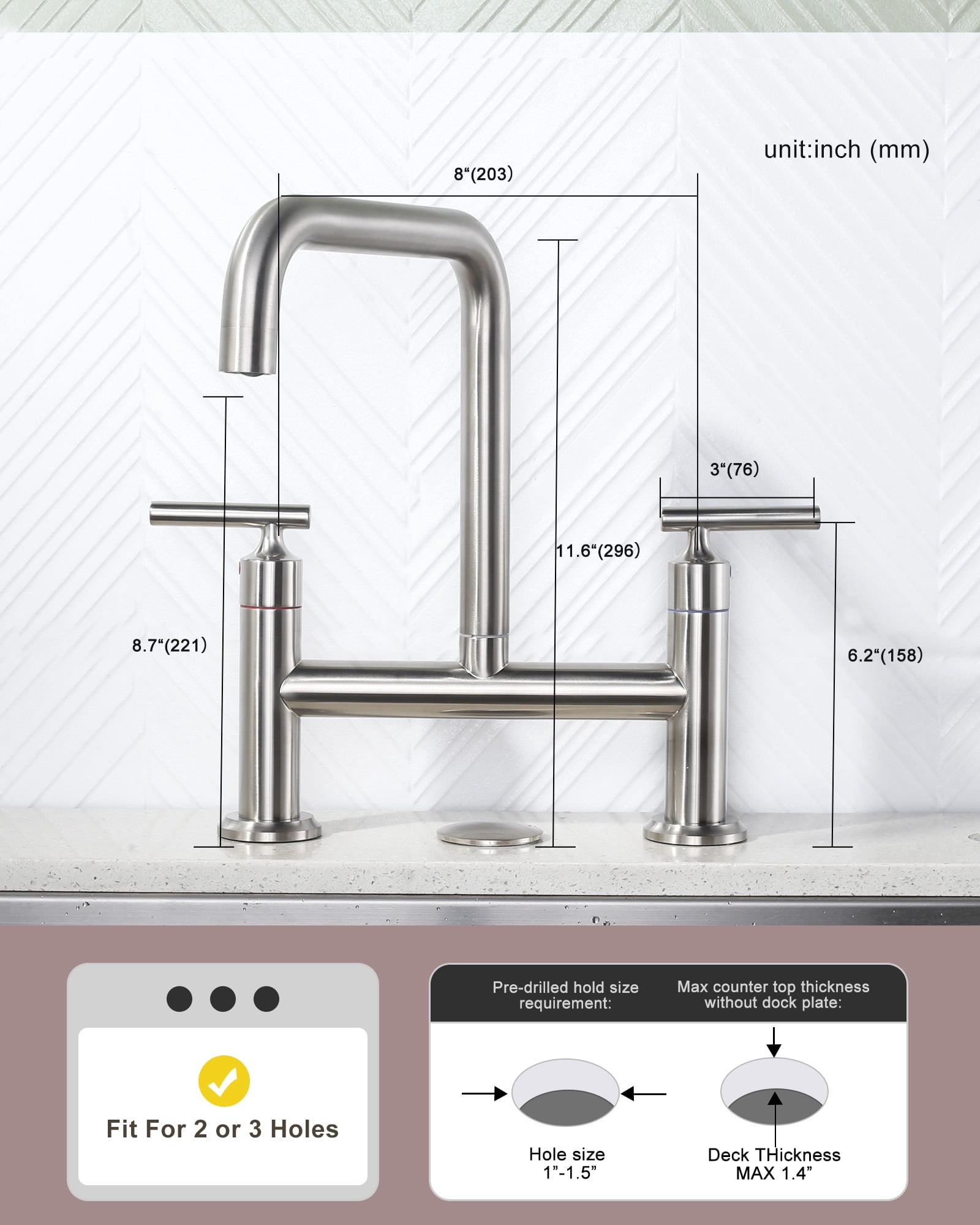 WOWOW Double Handle Bridge Faucet with Kitchen Sink Hole Cover