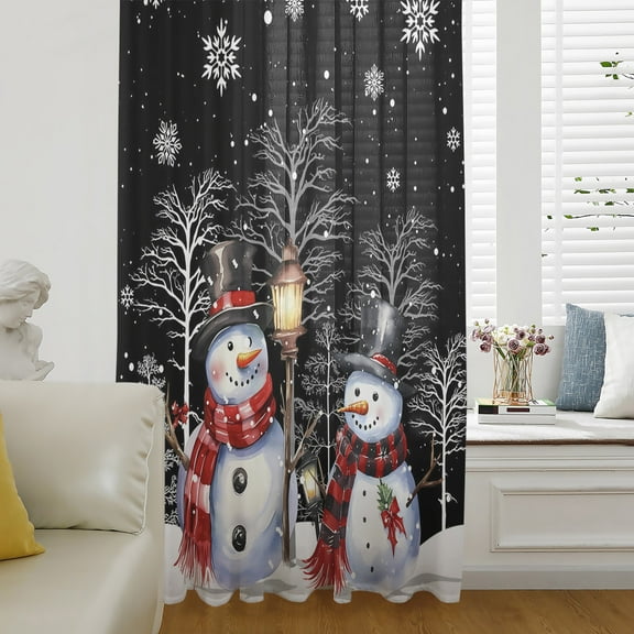 Black Christmas Semi Sheer Curtains Drapes for Living Room, Bedroom, French Doors Window 96 Inches Long, Winter Snowman Xmas Tree Snowflake Rod Pocket Chiffon Curtain Drapery Voile Draperies Panel
