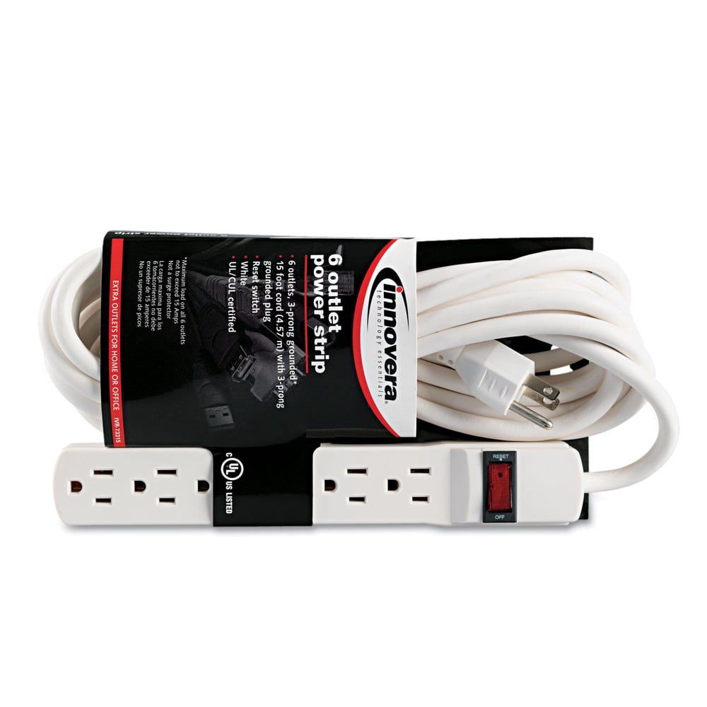 Innovera Six-Outlet Power Strip, 15-Foot Cord, 1-15/16 x 10-3/16 x 1-3/16, Ivory