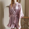 thumbnail image 3 of Defitshape Women's Lightweight Satin Thin Loungewear Kimono Bath Robe 3/4 Sleeve Bathrobe V Neck Pink X-Large, 3 of 5
