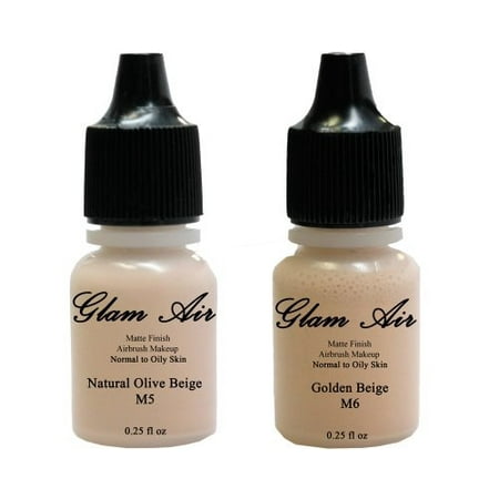 (2)Two Glam Air Airbrush Makeup Foundations M5 Natural Olive Beige & M6 Golden Beige for Flawless Looking Skin Matte Finish For Normal to Oily Skin (Water Based)0.25oz Bottles(Medium Skin