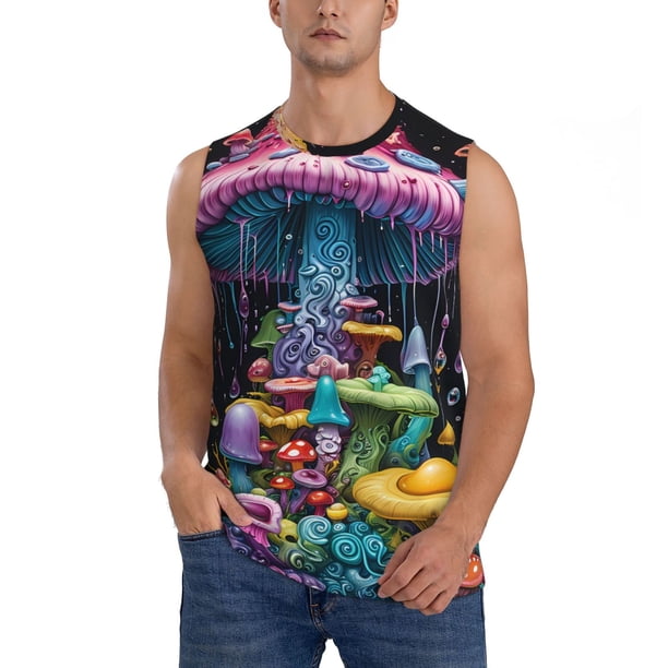 Fotbe Colorful Mushroom Men's Camiseta sin Mangas Estampada para Hombres, Playera Casual para Gimnasio, Entrenamiento, Playa-Medium