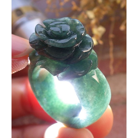 Certified Green Burma 100% Natural A JADE Jadeite Rose Flower RING USA. 8.5 RING 647341 TN