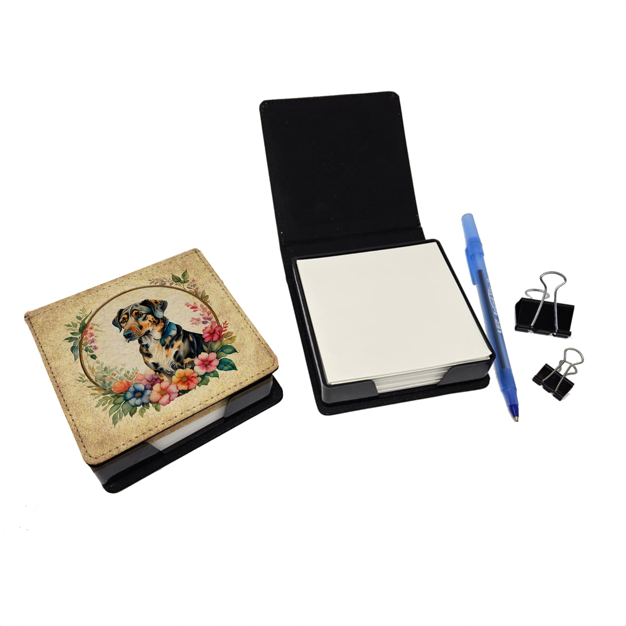 Caroline's Treasures Catahoula Leopard Dog and Flowers PU Leather Note Paper Holder with Artist-Designed Cover, Desk Accessory, Office Gift