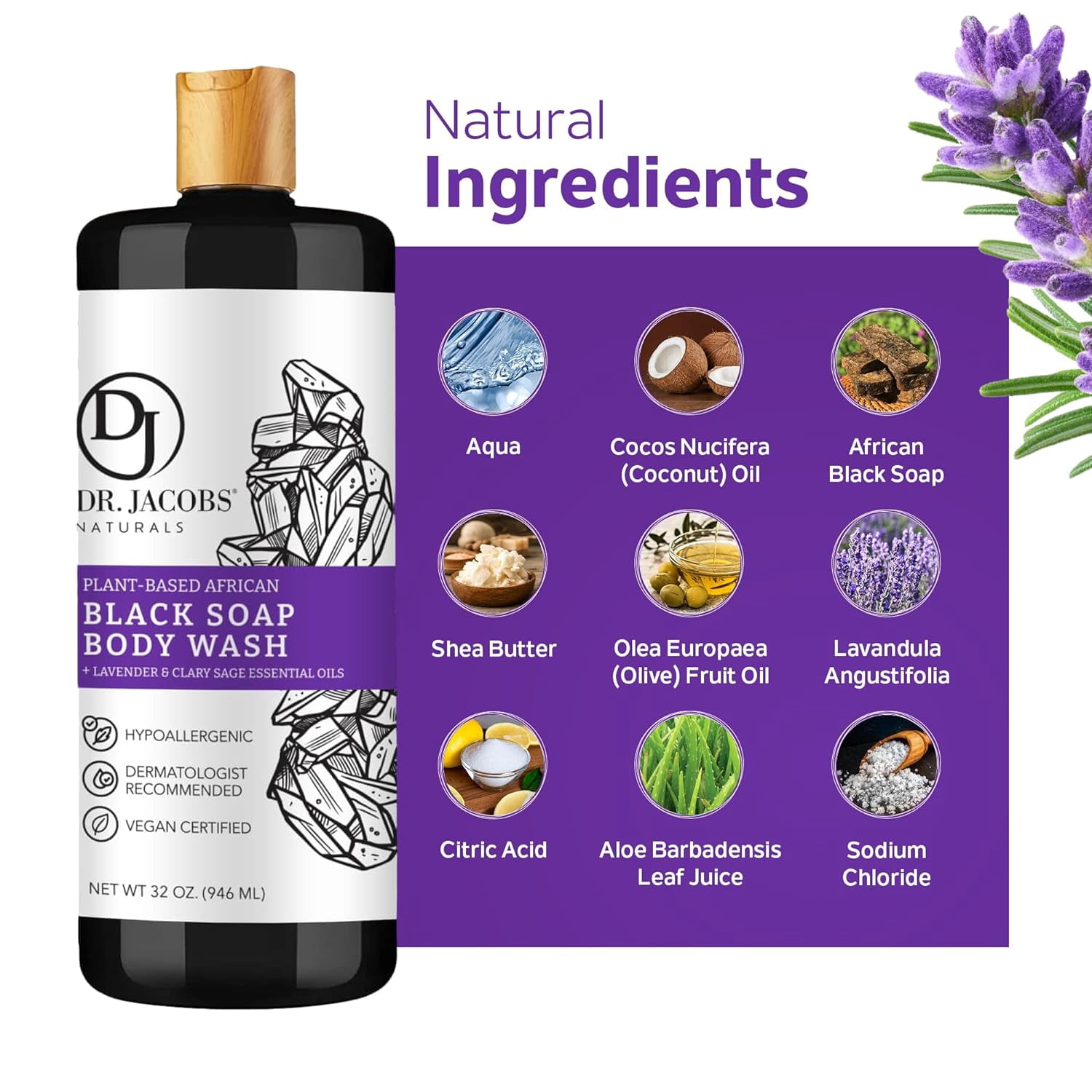 Dr Jacobs Naturals Authentic African Black Soap Body Wash All-In-One Liquid Soap for Face, Body and Hair, Lavender & Sage Scent 32 Oz. 3-Pack