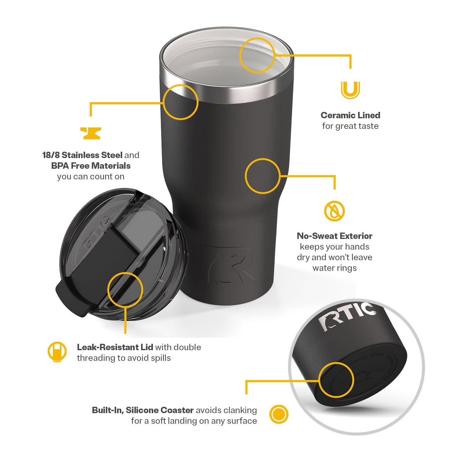 RTIC 20 oz Ceramic Lined Insulated Essential Tumbler with Leak-Resistant Lid, Black