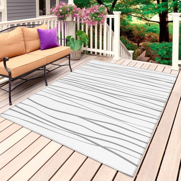 Gray Outdoor Rug for Patio/Deck/Porch, Non-Slip Large Area Rug 6 x 9 Ft, Abstract Lines Gradient Minimalist Modern Texture Indoor Outdoor Rugs Washable Area Rugs, Reversible Camping Rug Carpet Runner