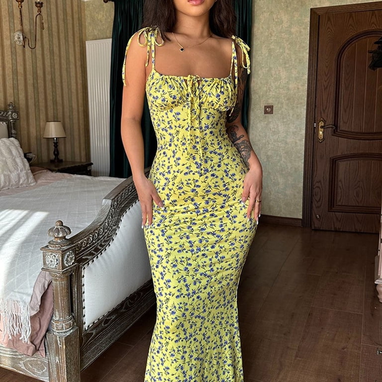 Unir Casual Yellow Floral Long Dress, Spaghetti Strap Ruched Bodycon Midi Dress, Summer Beach Vacation Outfit, 1 Piece, S-L