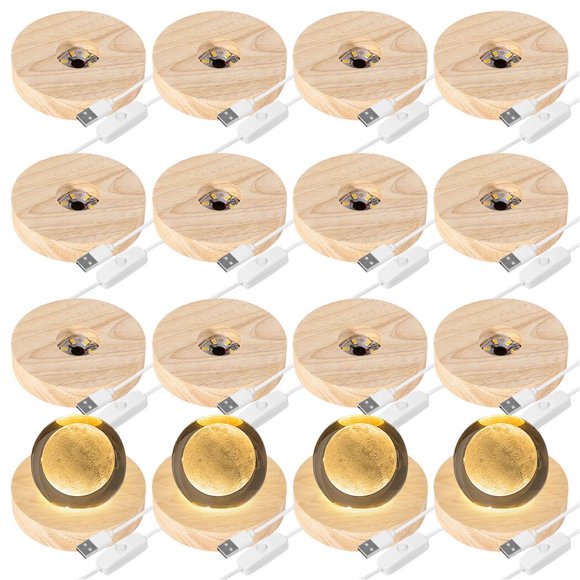 16 PCS Wooden LED Display Bases, LED Light Bases for Glass Artworks, Bright Lighted Bases for Crystal Art, Wood Display Lighted Base for Glass Art for Display 3D Crystal Glass Resin Art