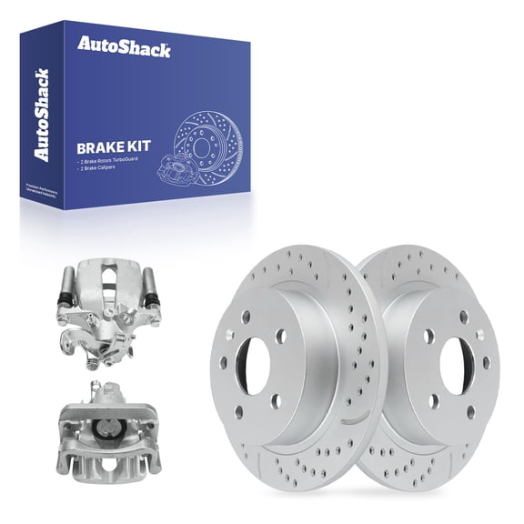 AutoShack Rear Solid Drilled & Slotted Coated Brake Rotors Silver Matte Finish   Calipers 4-PC Brake Kit Replacement for 2014-2015 Chevrolet Malibu TurboGuard 11.5" (292 mm)