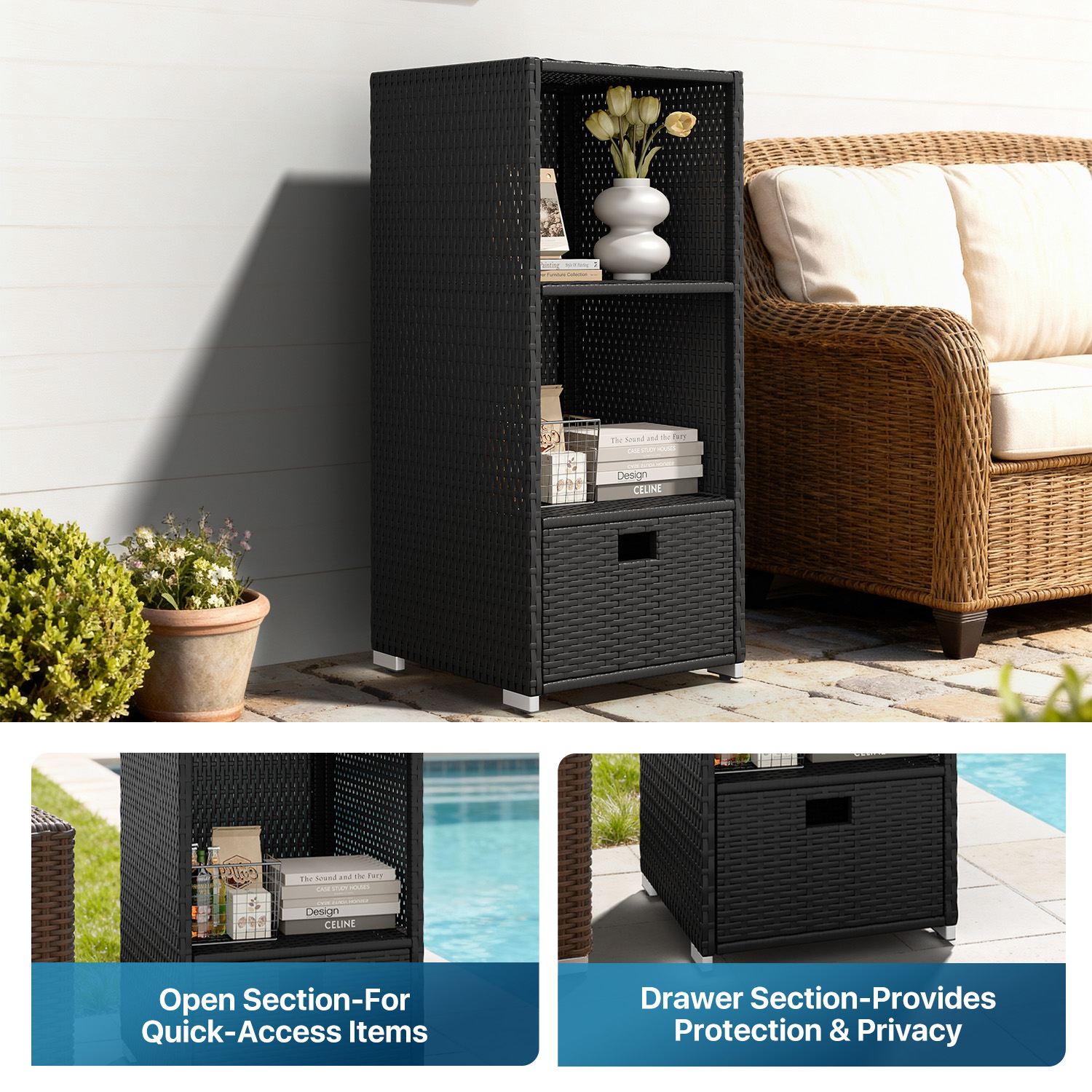 BaPiPro Wicker Poolside Storage Cabinet with Drawer, Outdoor Rattan Pool Towel Organizer for Patio, Backyard, 45" Black