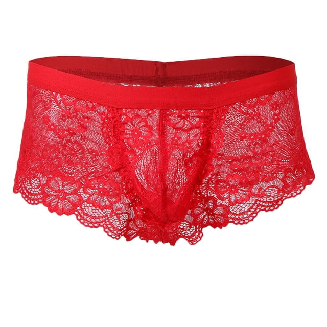 ropa interior bragas floral patrón calzoncillos lencería cómodo rojo bragas de encaje para hombres, vista frontal centrada de bóxer corto low-rise en encaje floral rojo con cintura elástica ancha, costura frontal en copa, borde festoneado y tejido semitransparente de poliéster y spandex, fondo neutro; también suele usarse como lencería de dormir ligera.
