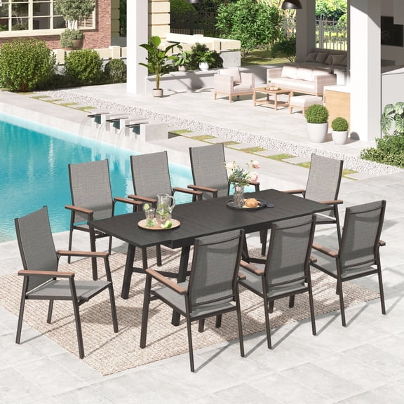 SUMMIT LIVING 9-Piece Outdoor Patio Dining Set, Outdoor Extendable Table and Stackable Aluminum Chairs Set for 6-8 People, Black & Brown-gray