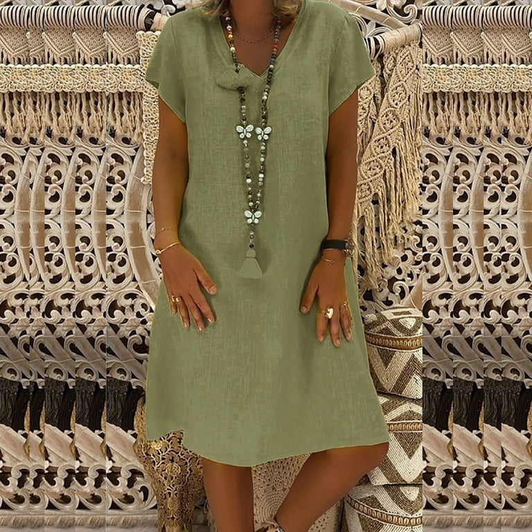 RYRJJ Womens Plus-Size Dresses Solid Cotton Linen Kaftan Dresses Short  Sleeve V-Neck Vacation Casual Mini Sun Dress(Green,5XL) - Walmart.com