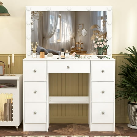 Caulitar White Vanity Table with LED Lighted Mirror, 3 Color Modes, 7 Drawer Modern Vanity Desk for Bedroom