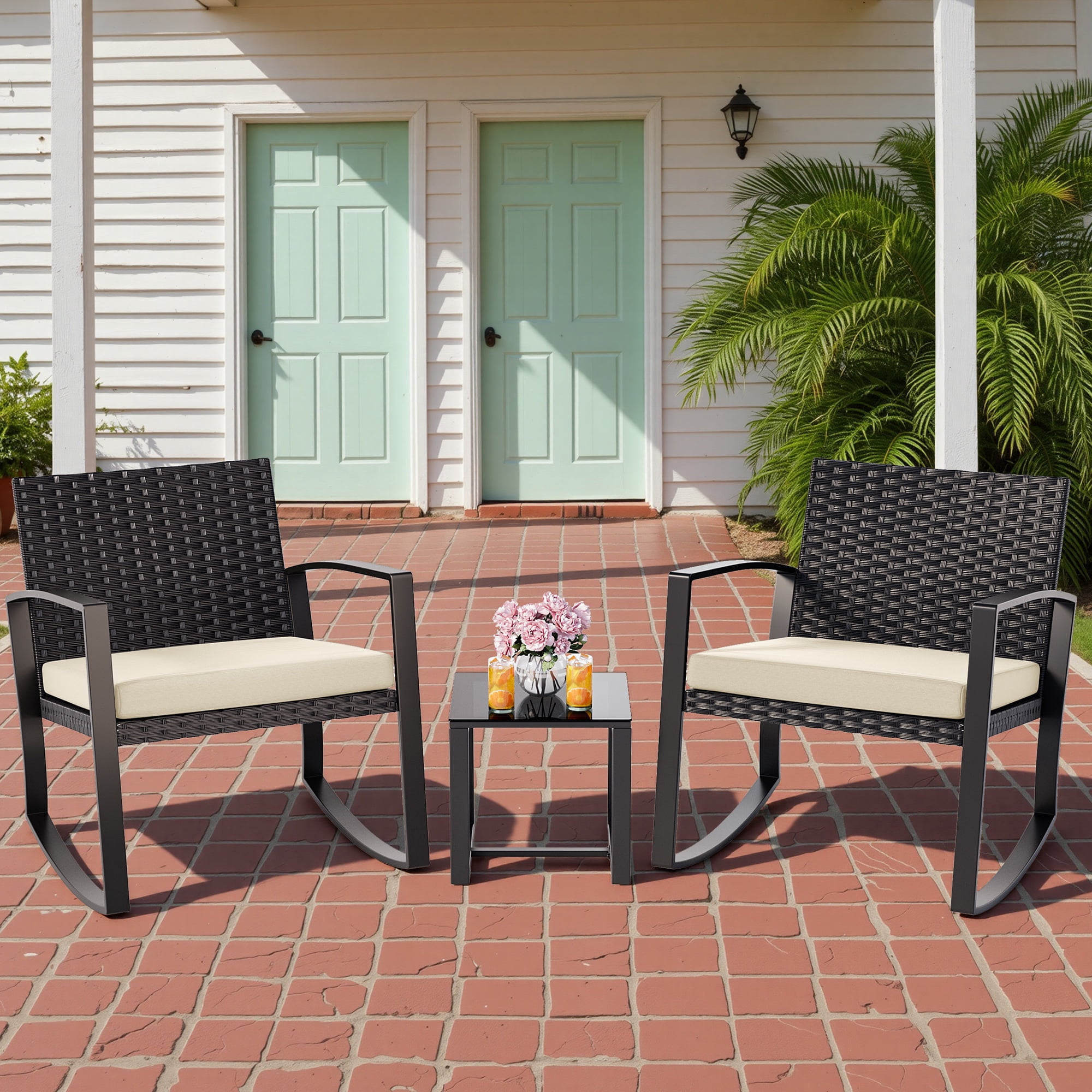 Patio Furniture Set, Asofer Rocking Wicker Chair with Soft Cushion and Coffee Table, for Garden, Balcony, Backyard, Black