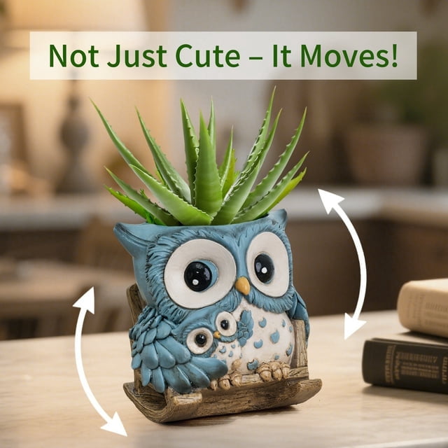 Quoowiit Cute Owl Plant Pots Indoor,Resin Small Succulent Pots with Drainage Hole,Rocking Chair Planters for Outdoor Indoor Plants,Gift Ideas for Mother